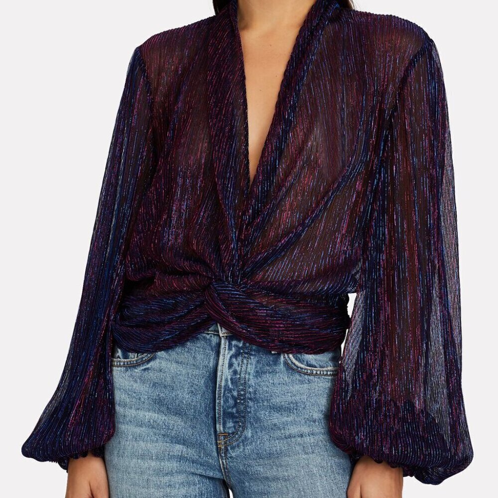NWT CAROLINE CONSTAS Bette Draped Metallic Blouse Size S